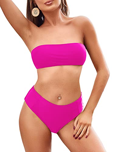 Image of ZAFUL Women's High Cut Bandeau Bikini Set Strapless Solid Color 2 Pieces Bathing Suit Swimsuit (4-Rose Red,S)