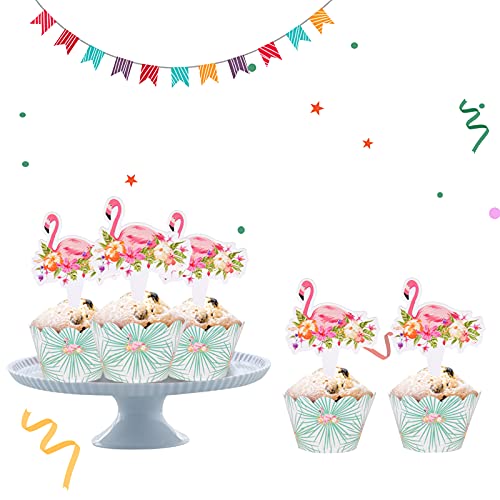Nmas Hawaiian Luau Cupcake Toppers Cake Picks Flamingo Paper Cupcake Wrappers Flamingo Double-Sided Cupcake Toppers For Kids Party Birthday Party, Wedding Decor-Flamingo Party Decorations 48Pcs #TOP1