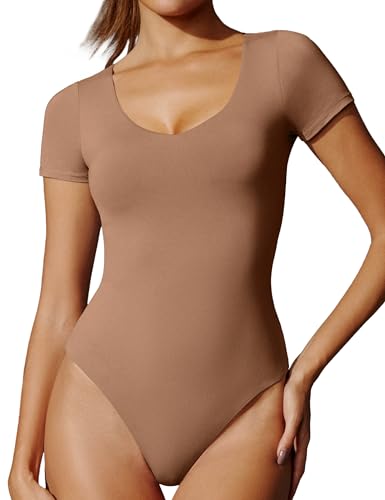 Image of IUGA Bodysuits for Women Tummy Control Body Suits for Womens Compression Slimming Thong Bodysuit V Neck