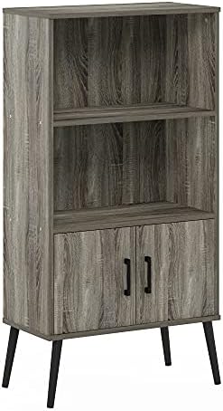 Furinno Claude Mid Century Style Accent Wooden Leg Bookcase Cabinet with Storage Organizer Shelves, French Oak Grey