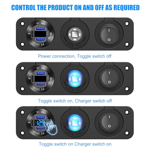 12V USB Outlet Boat Accessories Marine Switch Panel Plug, PD3.0 and Dual QC3.0 USB Ports Aluminum Car Charger with Voltmeter, Lighted 150W Cigarette Lighter Socket and Toggle Switch 3 in 1 DIY Kit