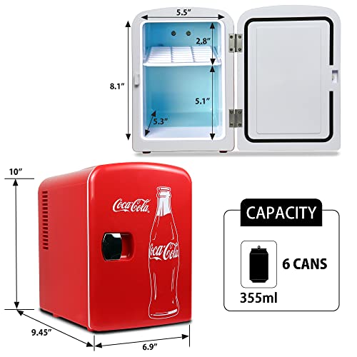 Coca-Cola-Mini-Fridge-4-Liter6-Can-Portable-FridgeMini-Cooler-Refrigerator-for-Food-Beverages-Drinks-Cosmetics-Skincare-For-Home-Bedroom-Office-Dorm-Car-Boat-AC-DC-Plugs-Included-Red-Coke-Bottle