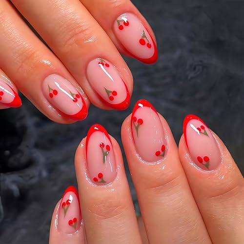 Red French Tip Press on Nails Almond Short Fake Nails Cute Nude Pink Full Cover Glue on Nails with Red Cherry Glossy Artificial Stick on Nail Reusable Mini Cherry Acrylic False Nail for Women 24Pcs