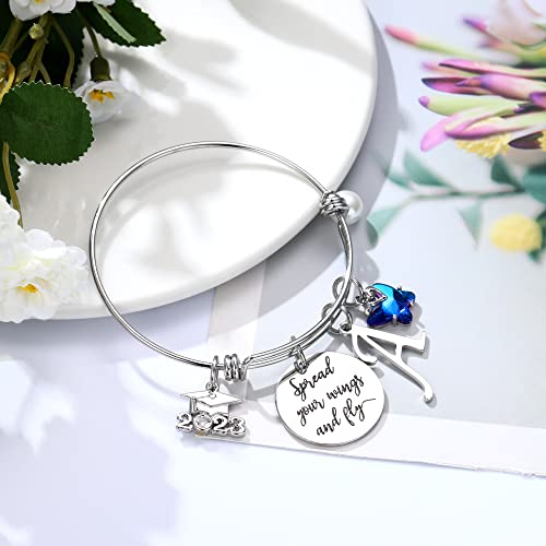 Inspirational Graduation Gifts For Her 2023, Engraved Inspirational Bangle With 2023 Graduation Grad Cap Mantra Quote Spread Your Wings And Fly Charm Bracelet Class Of 2023 Graduation Gifts(Silver M) #TOP4
