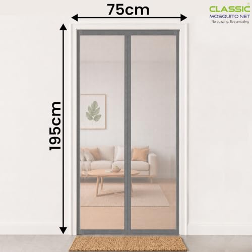 Image of Classic Mosquito Net for Doors with Magnet - Heavy-Duty Fiberglass Mesh | Strong Auto-Close Magnets | Full Frame Hook-&-Loop | DIY Installation for Wooden /UPVC /Marble Doors (195x75 cm, Grey)