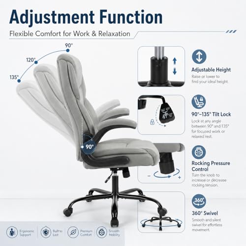 Image of Ergonomic PU Leather Office Chair - Executive Computer Desk Chair with Lumbar Support & Wide Seat, Adjustable Height Task Chair with 360 Swivel & Quiet Wheels for Home Office, Gaming, Gray