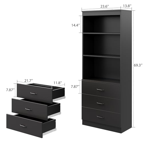 Image of 70 inch H Black Bookshelf with Drawers, Tall Bookcase with 3-Tier Open Shelves, Bookshelf and Bookcase with Storage Cabinet for Home Office,Living Room(Black,6-Tier)