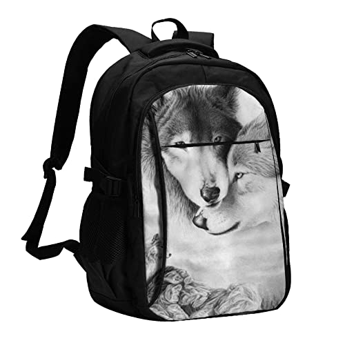 Sac à dos ordinateur portable USB avec motif de deux loups gris