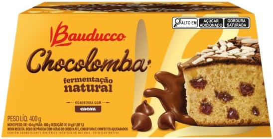 Embalagem amarela da Chocolomba Bauducco de 400g mostrando um pedaço do bolo com gotas de chocolate e cobertura de cacau