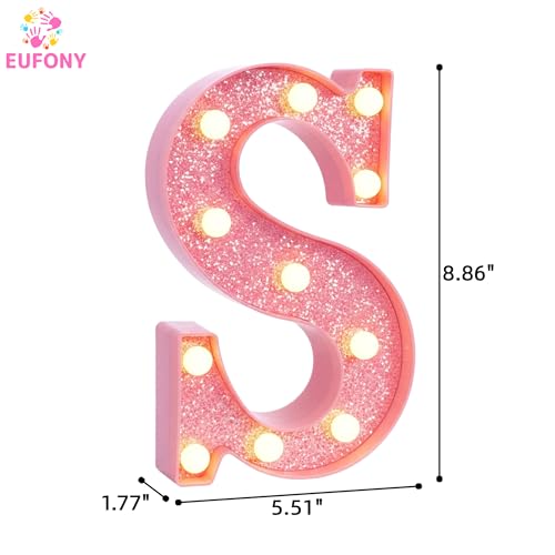 Image of Pink Marquee Light Up Letters, Glitter Alphabet LED Letter Lights for Pink Birthday Party Decorations, Battery Operated Letter Sign for Girls Room Vanity Table Decor, Warm White Lights Letter S