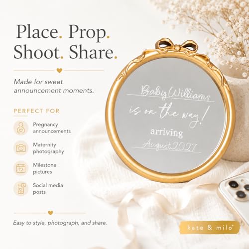 Image of Kate & Milo Gold Bow Baby Announcement Mirror Sign, inchBaby Is On The Way inch Pregnancy Reveal Plaque, Personalized Baby Name & Due Date Nursery Decor