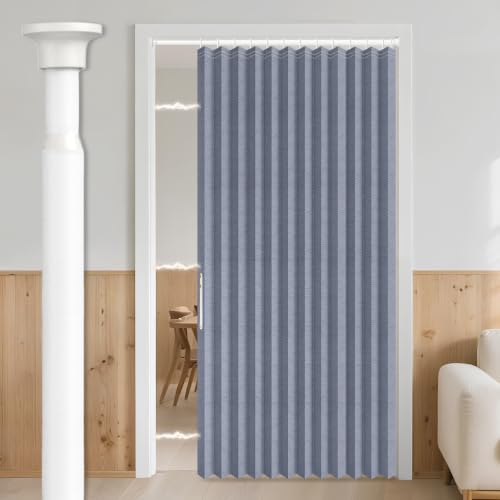 Image of AJAZZ Blackout Accordion Door with Curtain Rods 39-52 in Length Closet Door Curtain Invisible Applicable Bedroom Room Living Room Doorway (1 Panel, 52 W x 78 L, Dark Blue)