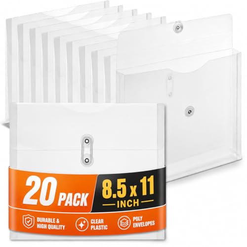 1InTheOffice Poly Envelopes Expandable Plastic Clear Envelope with Button & String Closure, Letter Size, Clear, 20 Pack