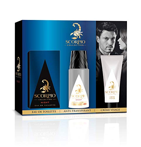 Scorpio Collection Night para hombre, frasco de colonia de 75 ml + desodorante en espray de 150 ml + gel crema para cara de 50 ml