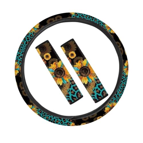 Coldinair Coprivolante universale per auto con stampa leopardata e cuscinetti per cinture di sicurezza e spalline, adatti alla maggior parte delle auto, camion e SUV, set da 3 pezzi di accessori