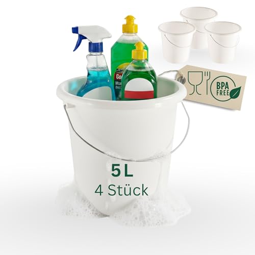 Novaliv Lot de 4 seaux de 5 l blanc avec graduation dimensionnelle - Seau de nettoyage de 5 litres ? 22,5 cm - Pratique et polyvalent avec graduation pour la maison et le jardin - Idéal comme seau