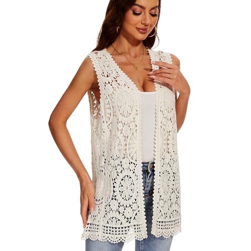 Women's Crochet Floral Boho Lace Trim Sleeveless Kimono Open Front Vest Cardigan3