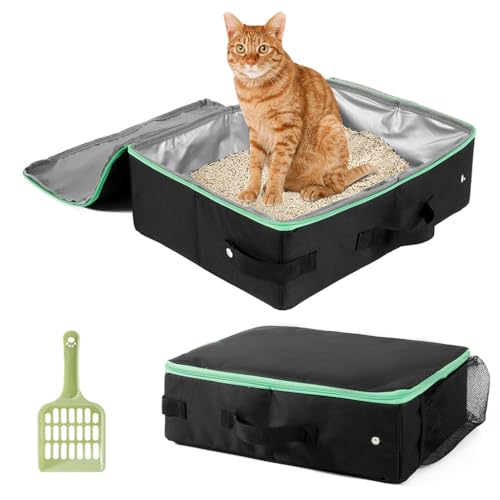 Image of Qpets Portable Cat Litter Box Foldable Outdoor Easy Cat Litter Box with Waste Shovel Reuseable Washable Waterpoof Oxford Cloth Cat Litter Case, 40x30x13cm
