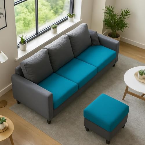 Image of FURNY Arnold 4 Seater L Shape Sofa Set with Movable Ottoman | Flexible Left or Right Layout | Plush Velvet Fabric (Dark Grey-Aqua Blue) | Perfect for Living Room, Guest Room & Office