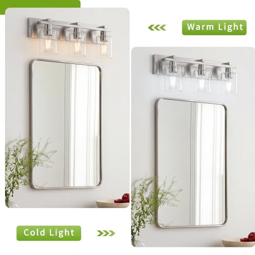 Image of 3-Light 21inch Brushed Nickel Vanity Light, Thickened Clear Glass | Over Mirror for Bathroom, Rust Resistant, E26 Base, Easy Install, Removable Glass Shade Horizontal Mount, Dimmable