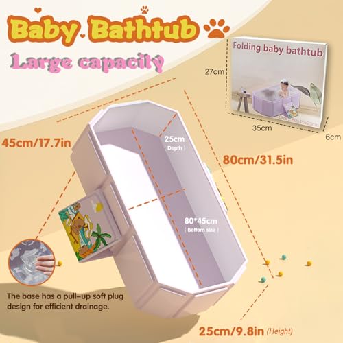 Image of Baby Foldable Children's Bathtub, Portable Non-Slip Shower Tray for Kids, Toddler Bath Tub with Drain Plug, Boys and Girls Bathroom Water Pool, Cat and Dog Pet Wash Shower Basin (Pink)