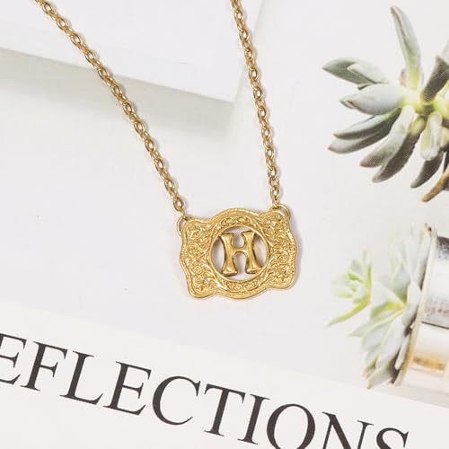 14K Gold Belt Buckle Necklace Western Style Initial Letter Pendant Necklace, Decorative Belt Buckle Frame Design