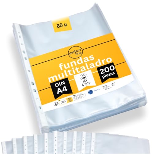 perfect line 200 fundas transparentes tamaño folio DIN A4, fundas transparentes A4 archivador, granuladas, sin ácido, fabricación en la UE