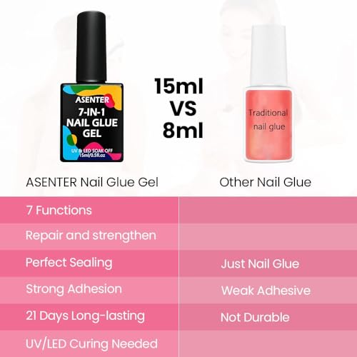 ASENTER 7 in 1 Nagelkleber Gel 15 ml für Tips Gel, Kunstnägel Nagelkunst Naturnägel, Clear Nail Tips Bürste auf Nagelgel Gelkleber für falsche Nagelspitzen, UV/LED-Lampe erforderlich