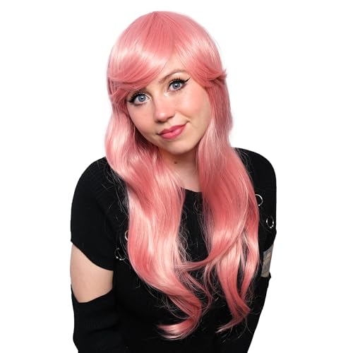 Peluca rosa neón – Pelo ondulado de 20 pulgadas de largo para fiesta de disfraces – Disfraces de cosplay – Peluca de disfraces, fiestas de disfraces – Accesorios de disfraces – Por TRIXES