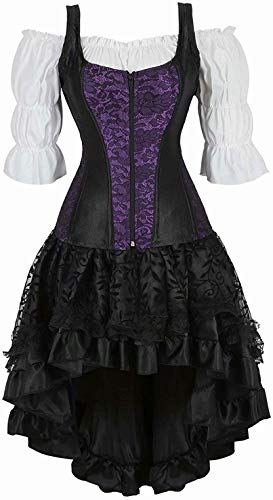 Jutrisujo Korsett Corsage Korsage Rock Kleid 3 Teilig Set Shirt Corsagenkleid Damen Corset Dress Vollbrust Bustier Sexy Gothic Halloween Violett 6XL Cover