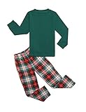 trudge Schlafanzug Jungen Mädchen Unisex Pyjama Set Kinder Langarm Einfarbig Baumwolle Top + Kariert Hose, Grün, 150/10-11 Jahre