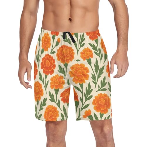 J JOYSAY Marigold Flower Foliage Ivory Pajama Shorts Mens Lounge Sleep Shorts Casual Men Pajama Bottoms