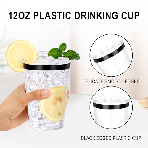 Image of 120 Pcs Black Plastic Cups,12oz Black Rimmed Plastic Cups,Heavy Duty Disposable Plastiic Wine Glasses Cocktail Glasses Premium Cup with Black Rim for Party,Wedding,Christmas