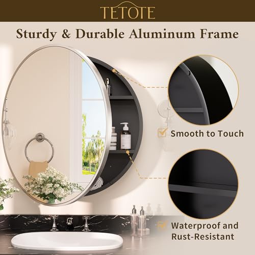 Image of TETOTE Bathroom Mirror Cabinet 30 x 30 Brushed Nickel Round Bathroom Medicine Cabinet with Mirror Adjustable Shelves Farmhouse Wall Mirror with Storage Surface Mounted