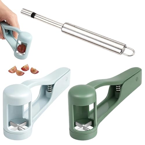 Grape Cutter and Strawberry Slicer Set Two Fruit Cutters in Blue and Green Equipped with a 20cm Nuclear Remover for Snack Preparation and Family Fruit Salad Making Portable Kitchen Gadget for Daily