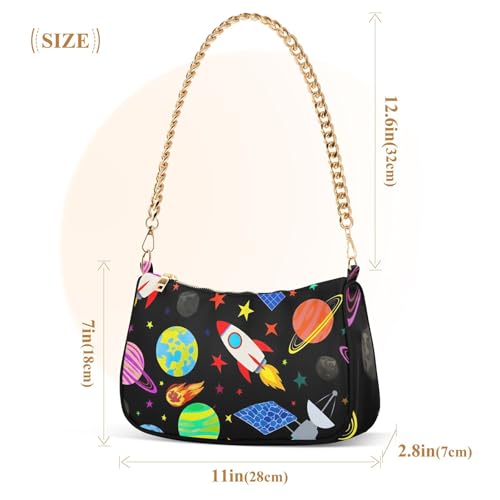 Cute Cartoon Rockets Black Medium Handbag Tote Womens Lady One Shoulder Bag Zipper Small Hobo Purse with Chain Strap3