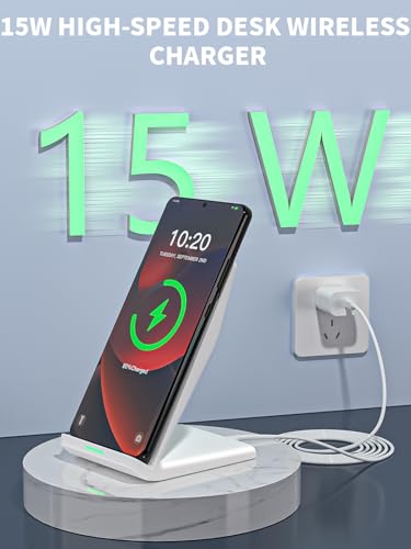 Image of 15W Wireless Phone Charger Stand,6FT Fast Android Wireless Charger Station for iPhone 17 /17 Air /17 Pro Max /15 /14 /13, 15W Fast Charging for Samsung Galaxy S23 S22 S21 with 20W USB C Charging Block Cube