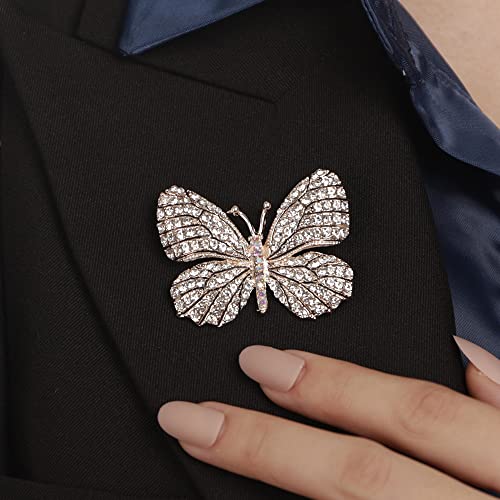 Image of Silver Crystal Champagne Winged Butterfly Brooch for Women Girls Mens Unisex Suit Dress Jewelry Vintage Insect Brooch