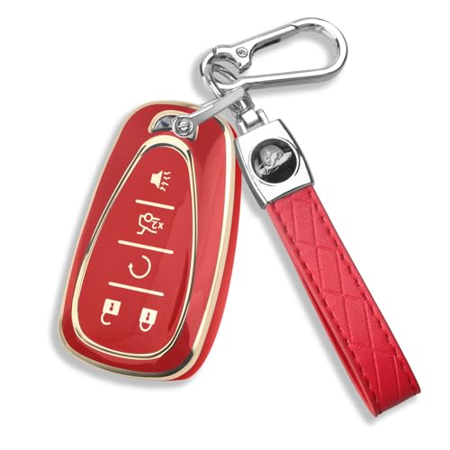 QBUC for Chevy Key Fob Cover with Leather Keychain Soft TPU Protection Case Compatible with 2016-2026 Chevy Malibu Blazer Traverse Equinox Trailblazer 5-Buttons(Gold Trim Red)