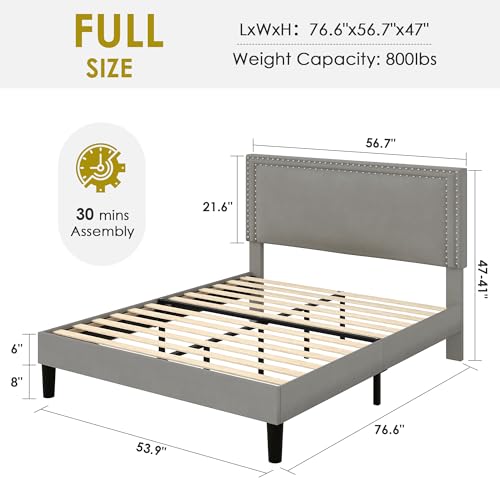 Image of VECELO Full Size Platform Bed Frame with Height Adjustable Upholstered Headboard, Modern Mattress Foundation,Strong Wood Slat Support, No Box Spring Needed, Easy Assembly,Dark Grey