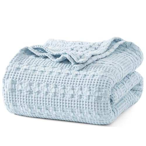 Image of PHF 100% Cotton Waffle Blanket King Size for Bed, Lightweight Breathable and Soft for Summer, Luxury Aesthetic Waffle Weave Blanket for Home Decor & Gifts for Women, 108 inchx90 inch, Sky Blue