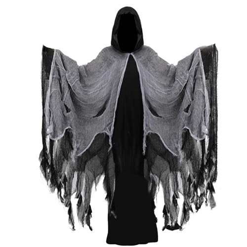 Kuberas Scary Halloween Costume Ghost Hooded Cloak Renaissance Medieval Wizard Witch Death Robe Cape with Hood for Adults Black