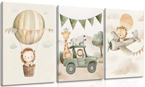 MJVCFWNS 3Pcs Animals Nursery Canvas Wall Art Neutral Wild Animals