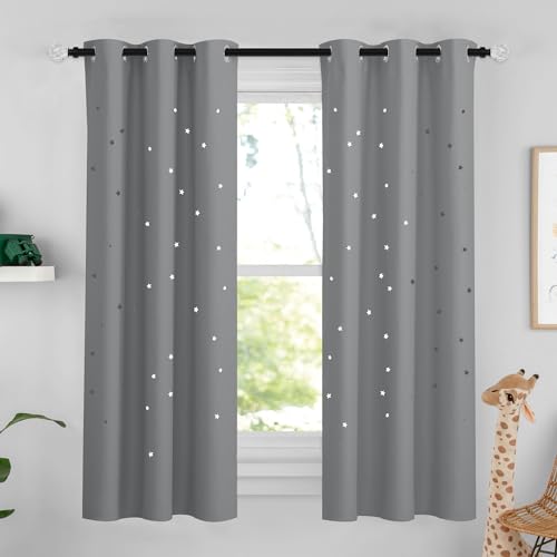 NICETOWN Blackout Kids Curtains for Bedroom Thermal Insulated Star Curtains for Boys Girls Grommet Top Window Treatment Drape for Nursery, 42" W x63 L