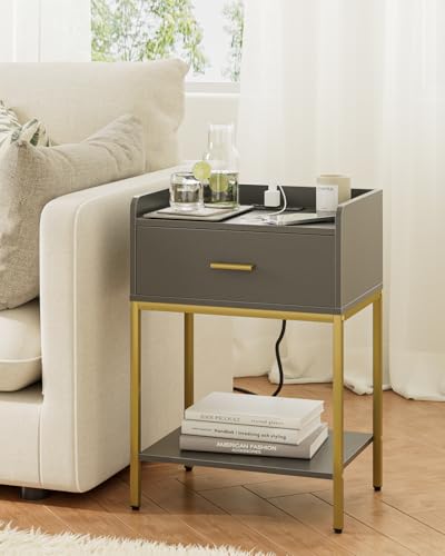Image of Masupu Nightstand with Charging Station,3-Tier Modern Bedside Night Stand with Storage Drawer and Shelf,Small End Side Table for Bedroom,Living Room,Grey