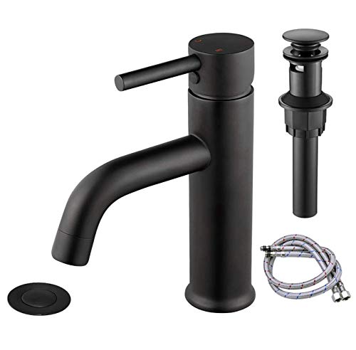 Anza Matte Black Bathroom Faucet, Single Hole Bathroom Faucet with Pop Up Drain Assembly and Faucet Supply Hose, Modern Lead-Free Brass Bathroom Sink Faucet