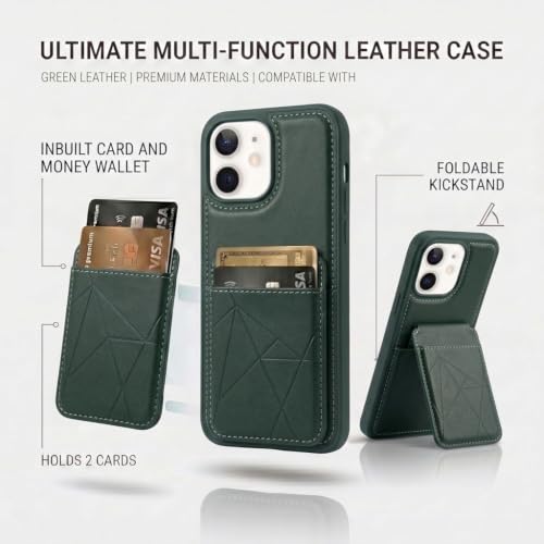 Image of amazon basics Premium Vegan Leather Back Cover with Card Holder and Integrated Mobile Stand for iPhone 11 - Slim Shockproof Wallet Case with Geometric Stitching [Green]