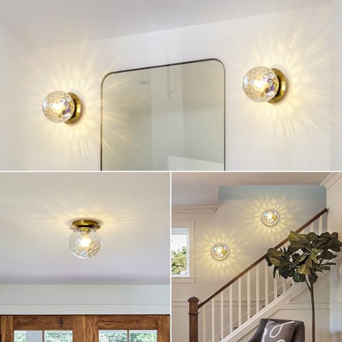 Image of Modern Gold Globe Wall Sconce,Single Light with Stained Glass Shade | 6 inch Minimalist Spherical Vanity Sconces,Contemporary Small Brass Ball Lights Fixture for Entryway Bedside Bathroom,E26 Base