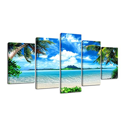 beach paintings on canvas - Pyradecor Modern 5 Piece Canvas Prints Artwork Contemporary Landscape Blue Sea Beach Pictures Paintings on Canvas Wall Art for Living Room Home Decorations Extra Large