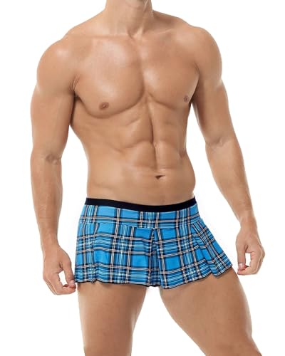 Mens Mini Plaid Skirt, Sexy Costume Pleated Skirt Sissy Lingerie Outfits for Schoolgirl Role-Playing (US, Alpha, One Size, Regular, Regular, Blue)
